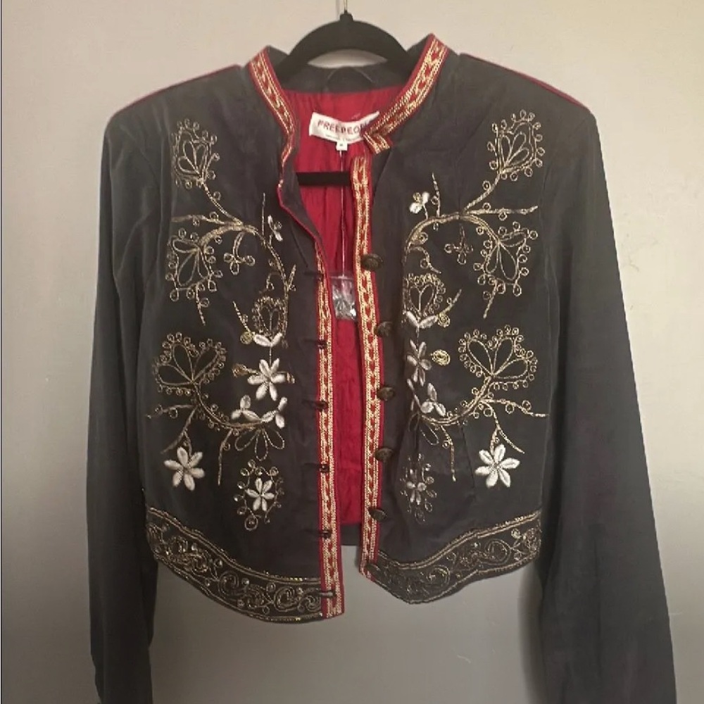 Free People Black and Red Embroidered Blazer NWOT